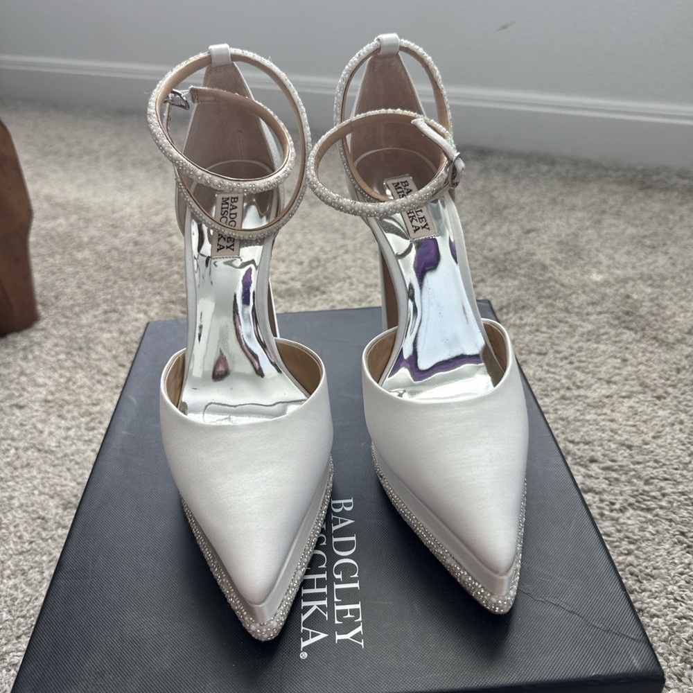 Badgley Mischka Ivory Satin Crystal Platform Ankle-Strap Pumps - Picture 2 of 5